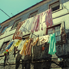The linen is dried in old portugal town