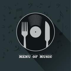 Menu of Music with vinyl, knife ,fork and musical notes