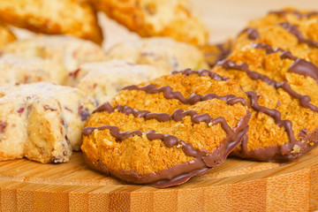 Variety of cookies on wooden table