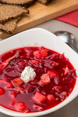 beet soup in white bowl. Borsh