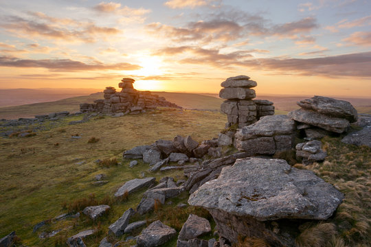 Sunset Staple Tor Dartmoor Devon Uk