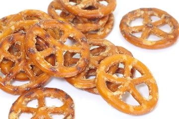 Baked bread pretzel snack on white background