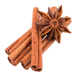cinnamon stick and star anise spice isolated on white background