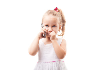 Cute little girl speak on phone isolated