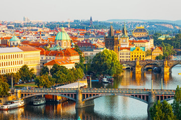 Beautiful view of bridges through Vltava in Prague