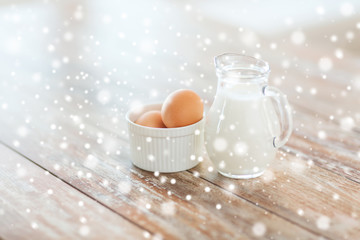 close up of milk jugful and eggs in bowl