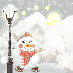 Christmas background with snowmen in environment of snow and tre