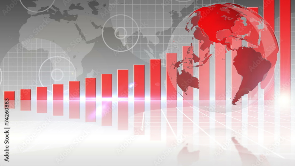 Poster Red bar chart showing growth with globe