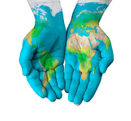 Map painted on hands isolated on white background