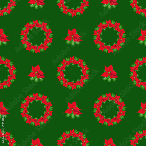 &quot;Green Christmas background with poinsettia wreath&quot; Stockfotos und