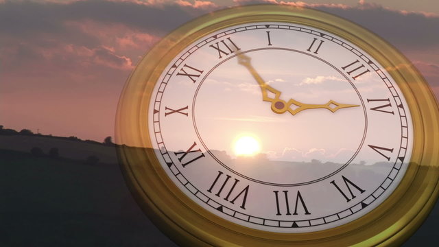 Clock ticking against sun setting