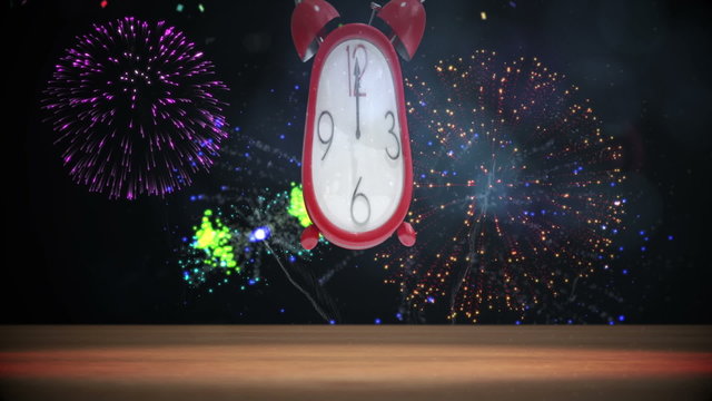 Cute alarm clock counting to midnight with confetti