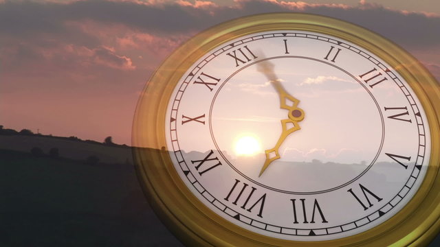 Roman numeral clock over sun set