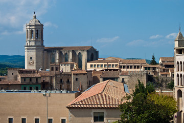 Fototapeta na wymiar Roofs of Girona with cathedral