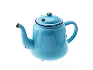Vintage metal old blue kettle, isolated on white background, Ret