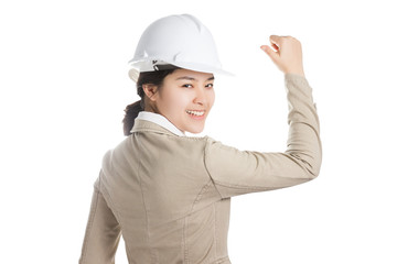 Smart young Asia business woman with hard helmet isolated on whi