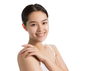 Young Asian woman with smiley face and no makeup isolated on whi