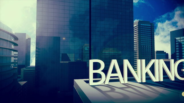 Business buzzwords over high skyscrapers