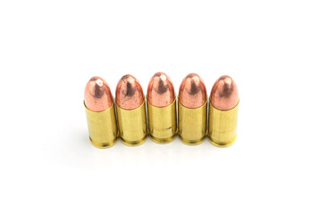 9mm bullet for a gun isolated on white background.