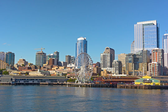 A view on Seattle downtown from the water of Puget Sound.