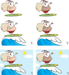 Santa Surfing With Bag Over Waves. Collection Set