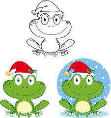 Smiling Christmas Frog Cartoon Character. Collection Set
