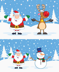 Santa Claus, Reindeer And Snowman With Open Arms. Collection Set