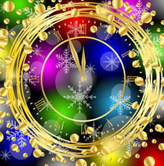 clock on a bright christmas background with gold spangles