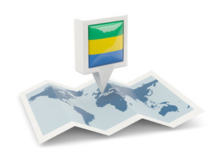 Square pin with flag of gabon on the map
