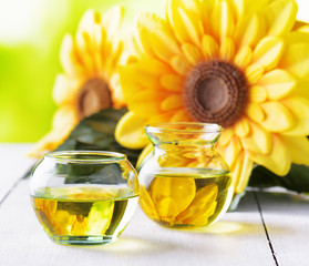 Sunflower oil on a garden table