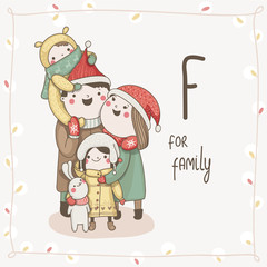 Cute vector alphabet Christmas. Letter F - Family