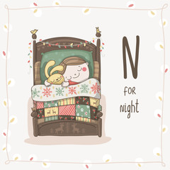 Cute vector Alphabet Christmas. Letter N - Night - 74272031