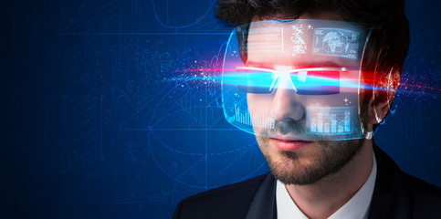 Man with future high tech smart glasses - obrazy, fototapety, plakaty