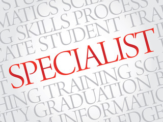 SPECIALIST. Word education collage on gray vector background