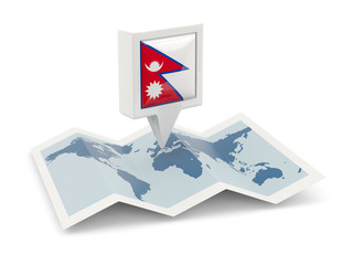 Square pin with flag of nepal on the map