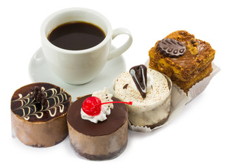 cakes and cup of coffee isolated on white background