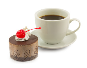 tiramisu and a cup of coffee isolated on white background