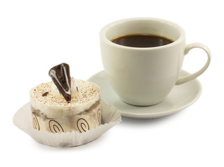 tiramisu and a cup of coffee isolated on white background