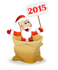 Santa claus in a sack holds a banner with numbers 2015 year