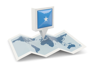 Square pin with flag of somalia on the map