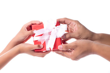 Hand holding  gift box on white background