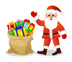 Santa claus and sack with bright gift boxes