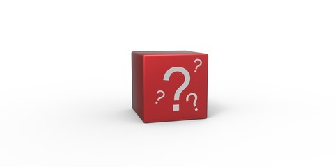 3D red cube with white question mark isolated on white