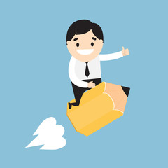 Businessman guiding a giant yellow pencil and holding a thumb up