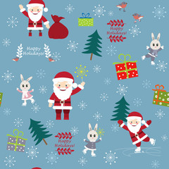 Сhristmas postcard with Funny Santa Clauses, bunnies, birds and