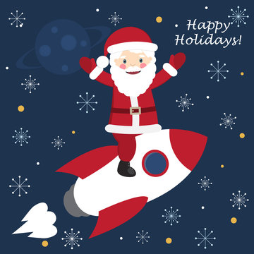 Santa Claus on the rocket ship flying through space