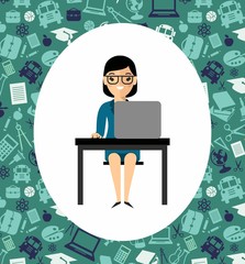 Сoncept of learning with teacher, table and computer