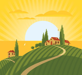 Naklejka premium landscape with vineyard and countryside and sea