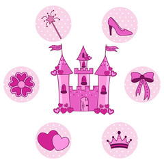 Set for a princess with a castle on a white background