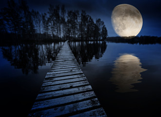 wooden path on a lake and moon
